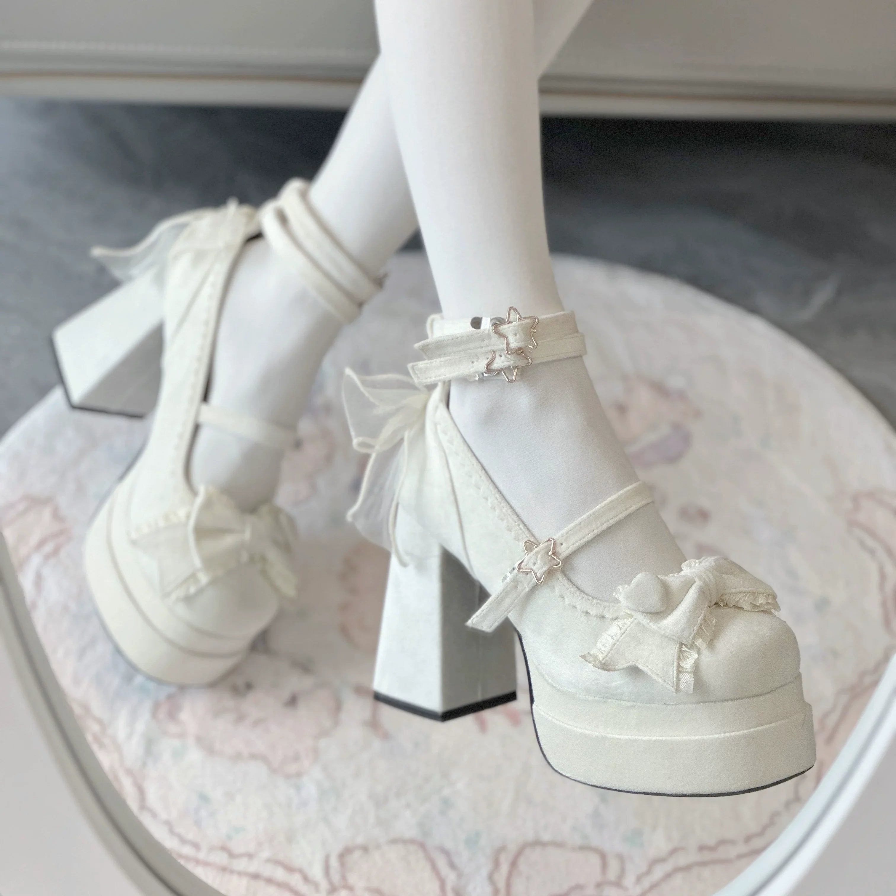 Puff Party - Elegant Lolita Chunky Heel Shoes with Bows and Straps - image 17
