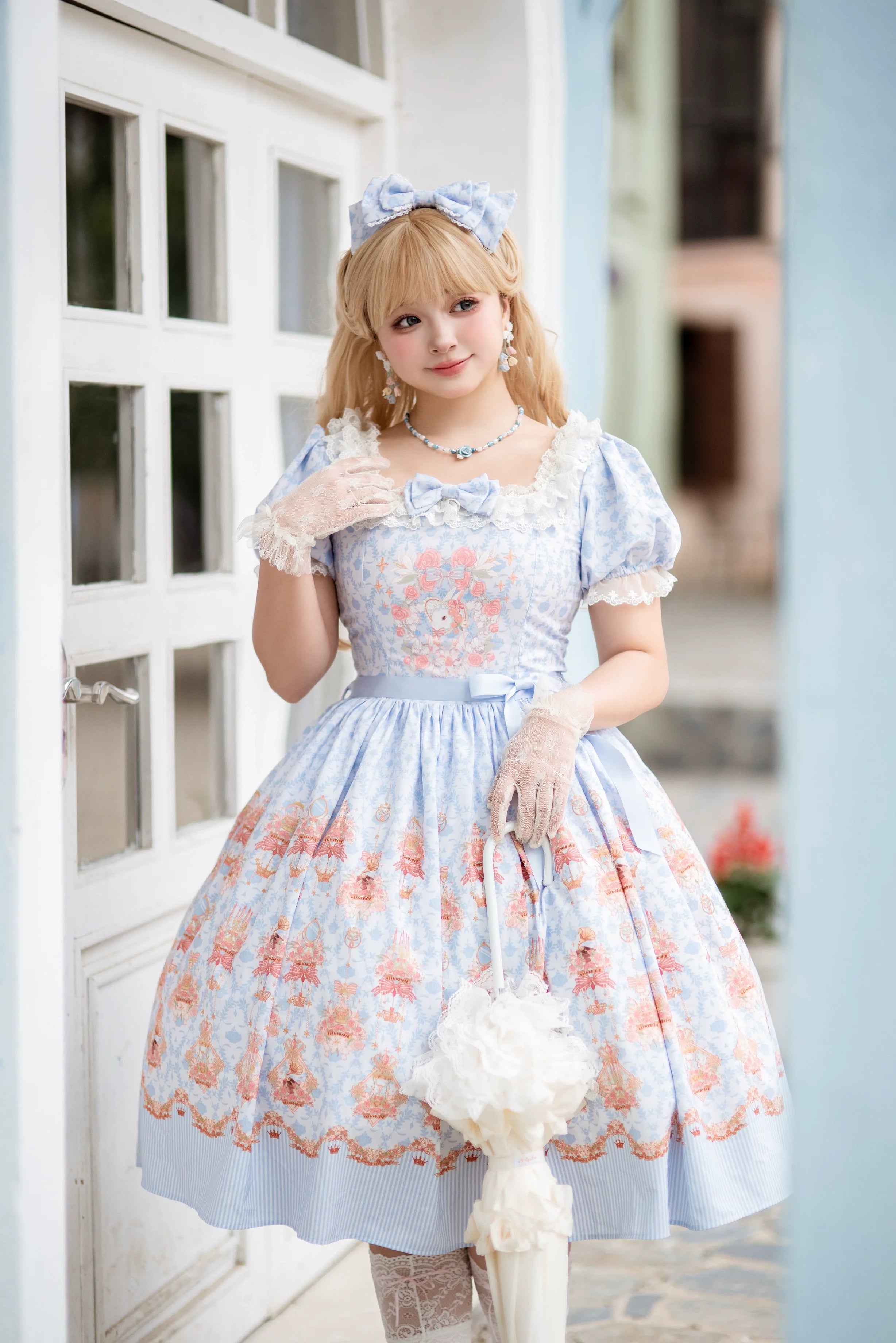 Rose Garden Bunny - Daily Lolita Rose Bunny Printing OP JSK Dress Set - image 17
