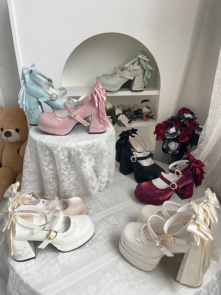 Dreamlike Lily of the Valley - Classic Lolita Platform Shoes with Back Large Bow - image 1