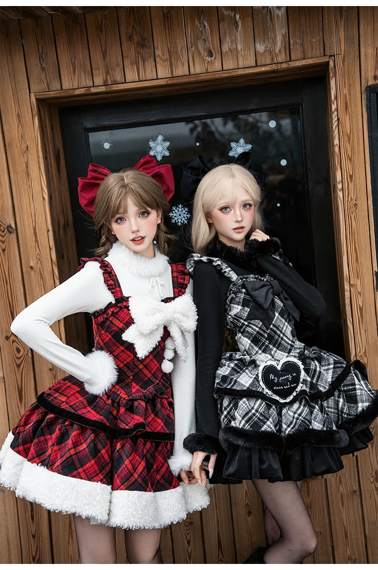 Snow Night Serenade - Fluffy Plaid Kawaii Lolita JSK, Reversible Cape and Accessories - image 25