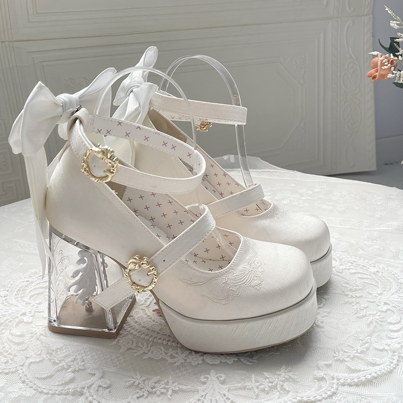 Floating Koi Land - Satin Classic Lolita Platform Shoes with Transparent Heel - image 34