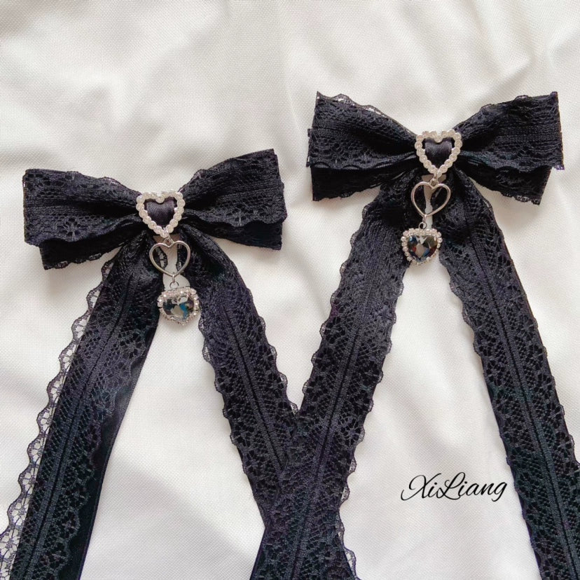 Black Lace Bow Rhinestone Lolita Hair Clip and Brooch - image 3