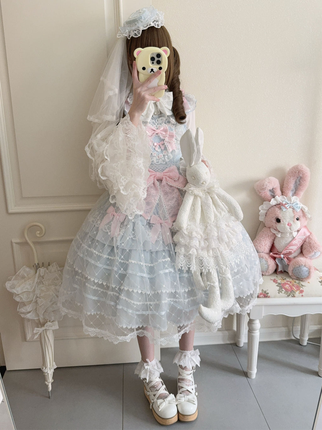 Spring Awakening - Sweet Lolita JSK and Princess-Sleeved Shirt with Lace Detail and Accessories - image 2