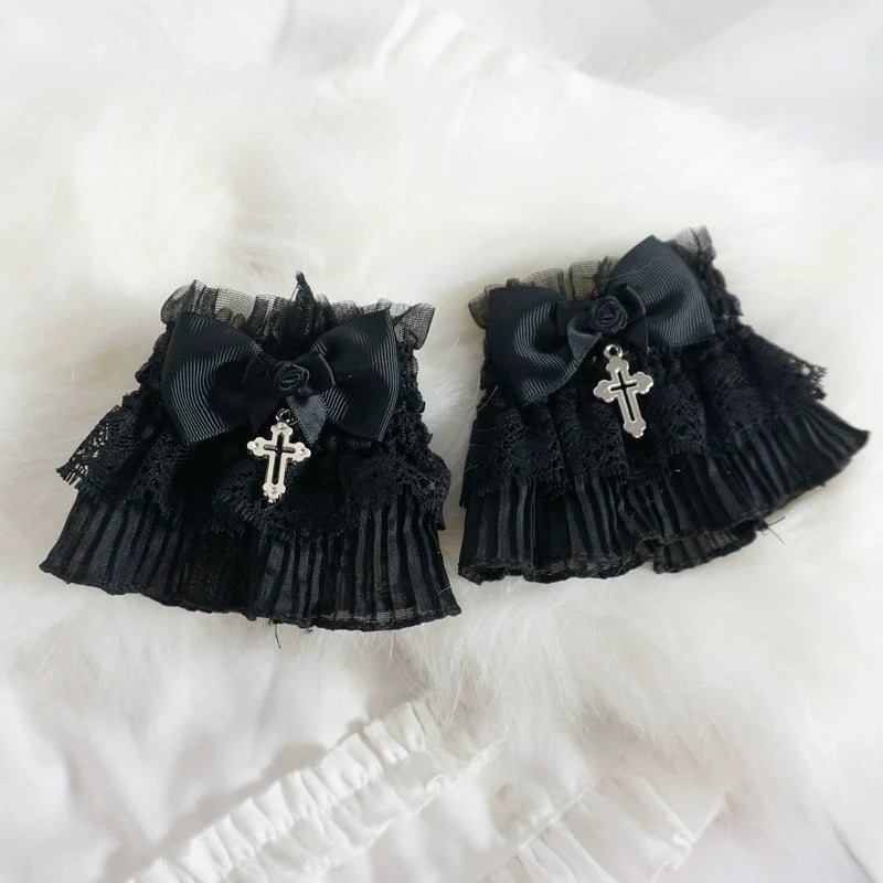 Gothic Lolita Cuffs Black Rose Lace Cross Stretch Handcuff - image 1