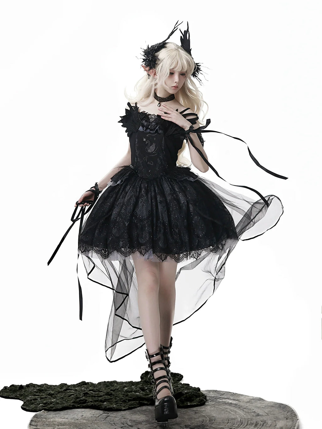 Star Swan Dream - Black Gothic Lolita JSK Dress, Swan Embroidery - image 10