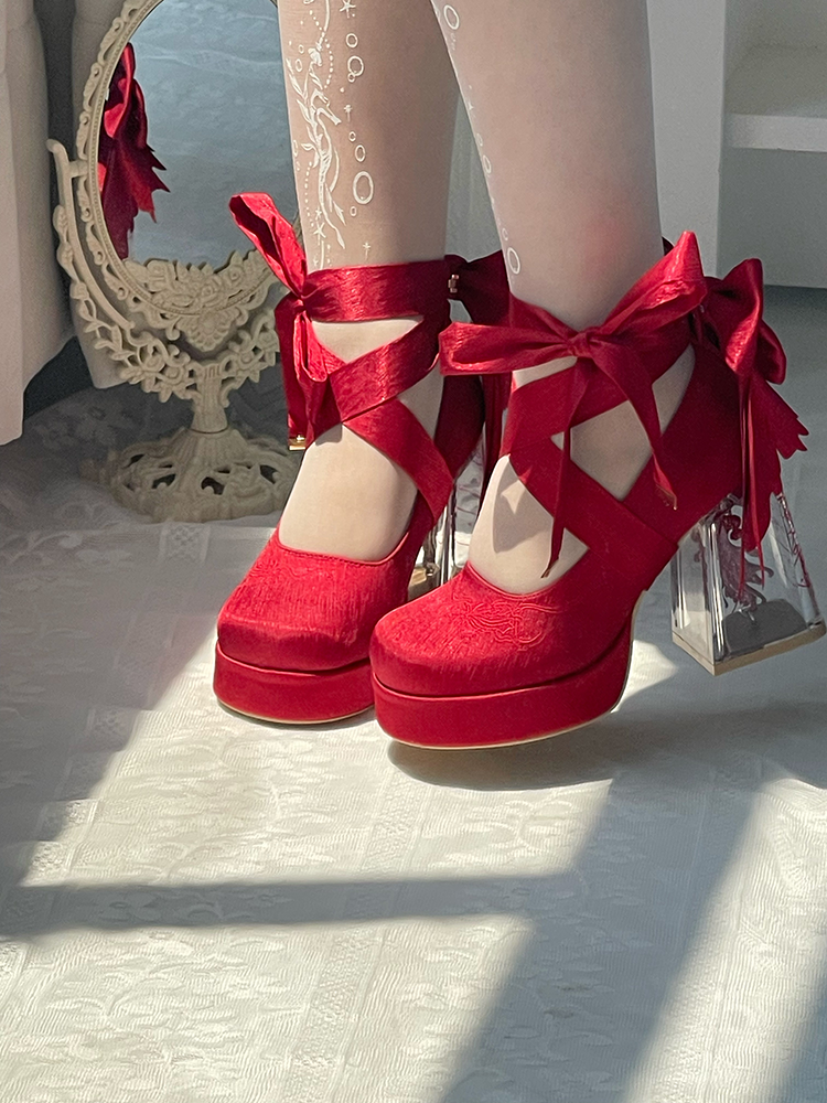 Floating Koi Land - Satin Classic Lolita Platform Shoes with Transparent Heel - image 2