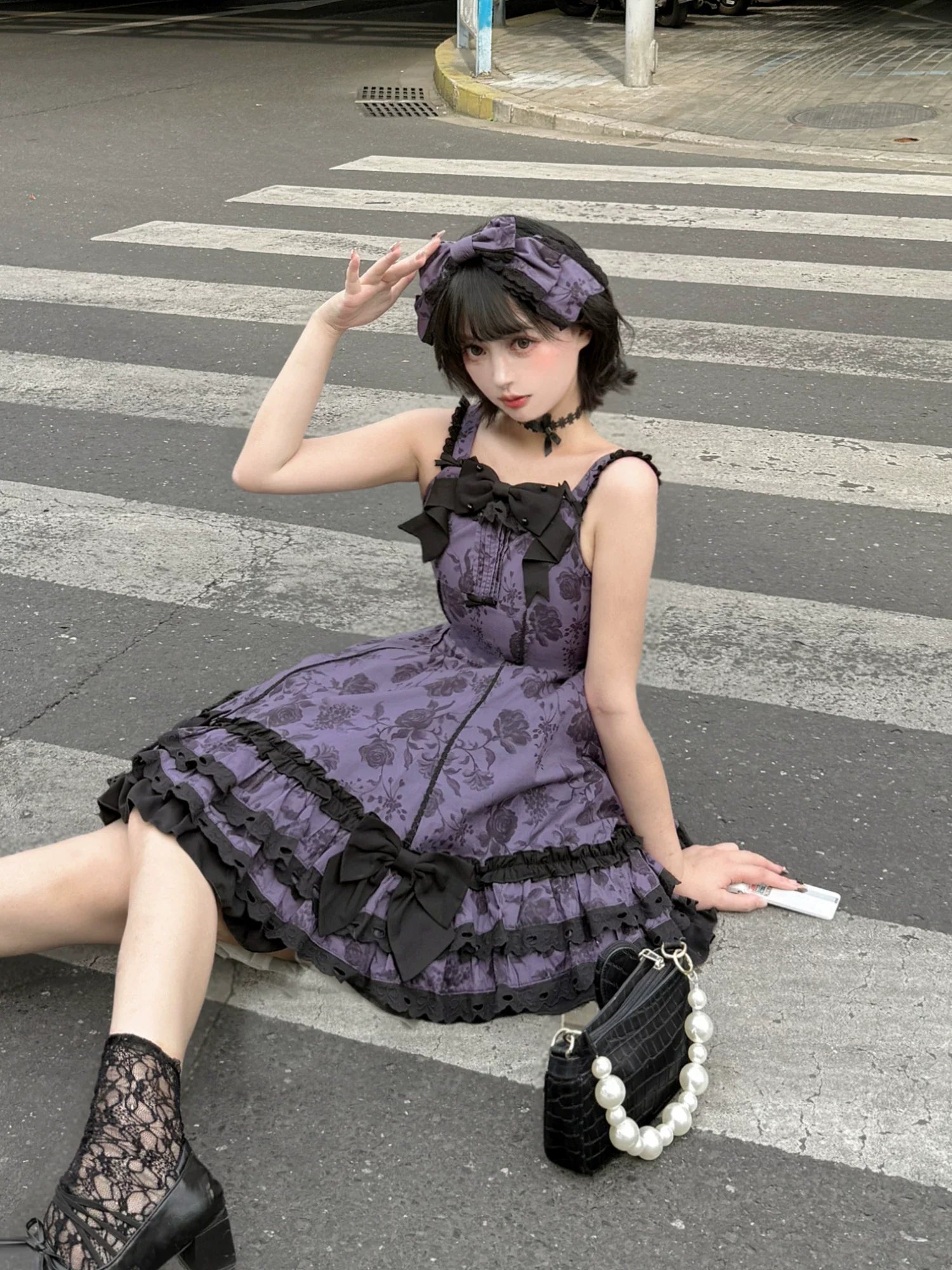 Bliss Bouquet - Cotton Old School Lolita Dress, Rose Print and Layered Hem and Accessories - image 10