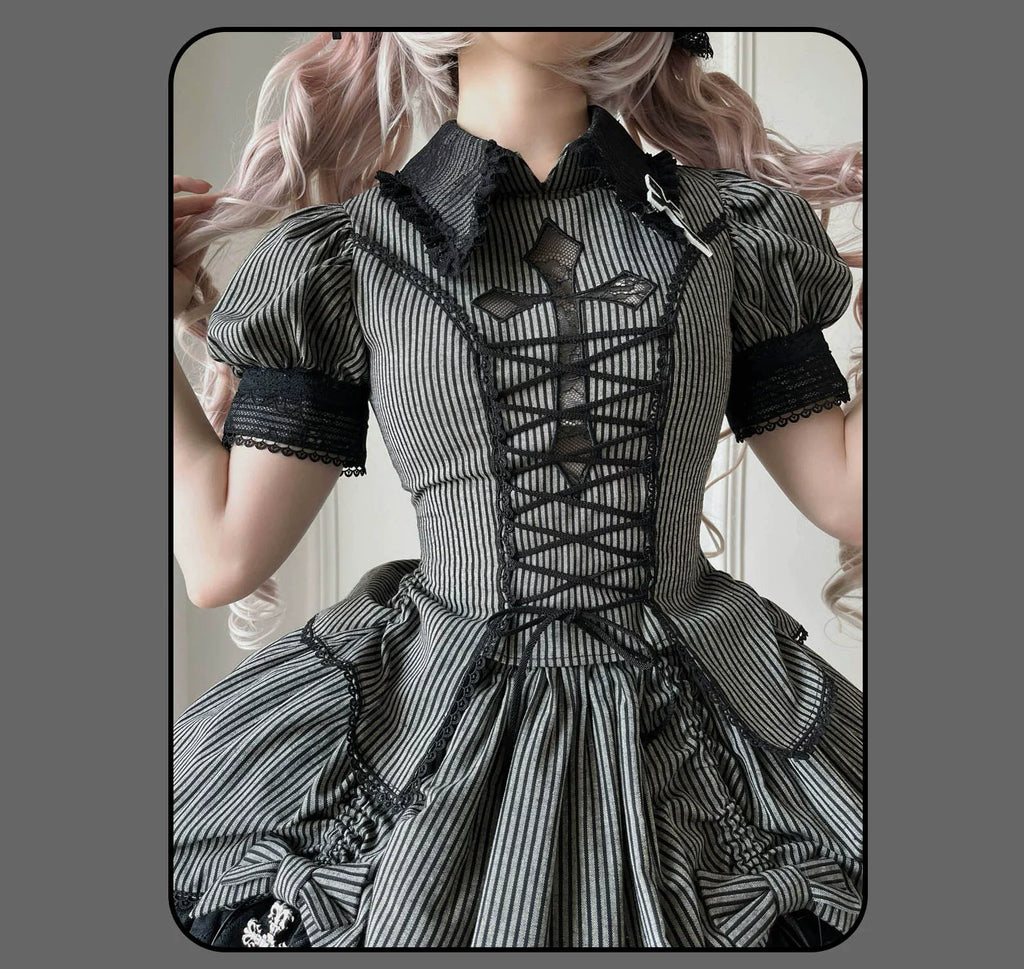 Striped Cross - Gothic Coordinated Lolita Set, Adjustable Blouse & Skirt - image 15