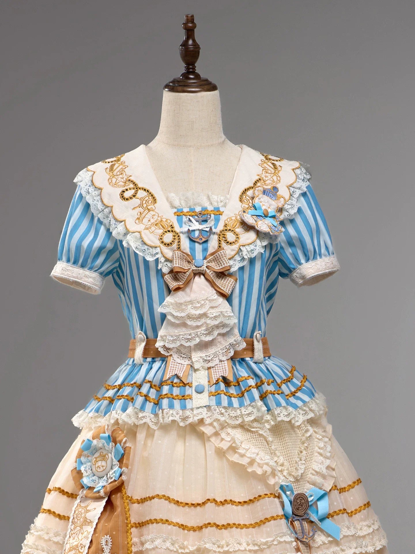 Antique Naval Bear - Striped Classic Lolita Sailor Collar OP, Bear Embroidery - image 10