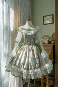 Teacup Bunny - Classic Lolita OP Dress, Fresh Green Floral Print and Accessories - image 1