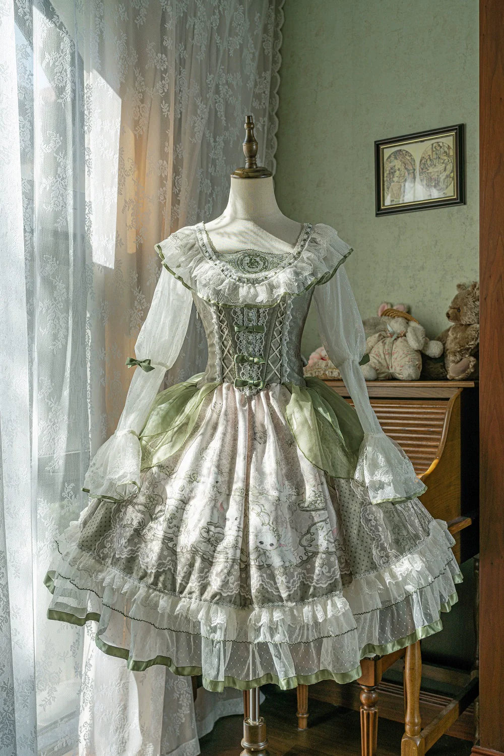 Teacup Bunny - Classic Lolita OP Dress, Fresh Green Floral Print and Accessories - image 1