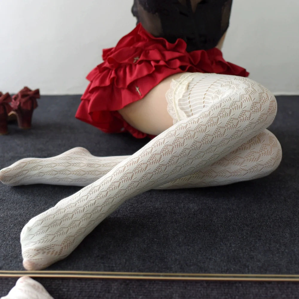 Wuxiaoliu Lolita Fishnet Stockings with Lace Cuffs - image 6