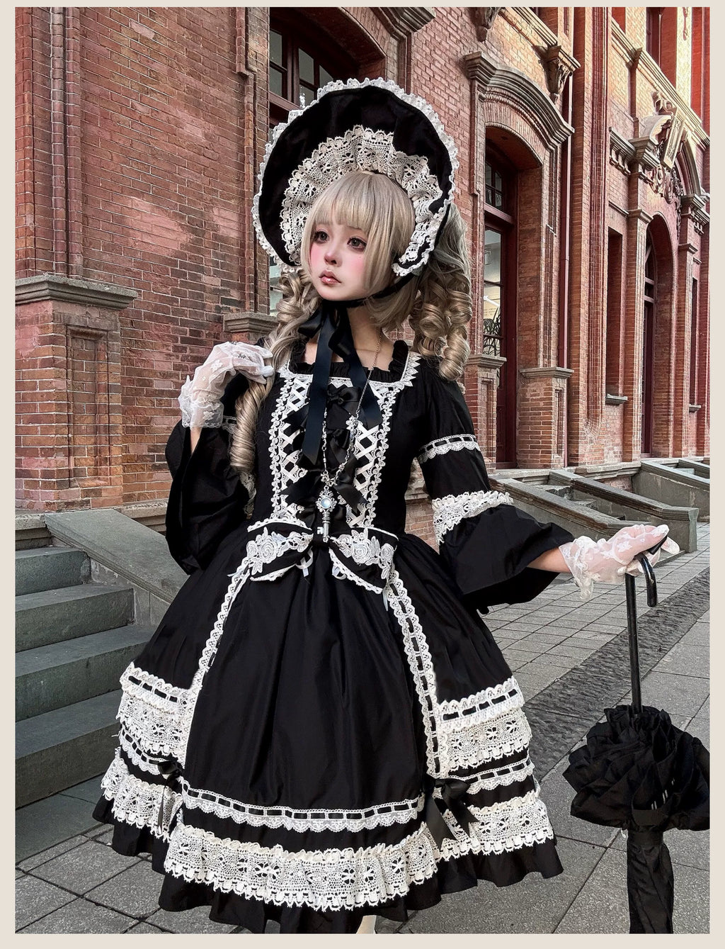 First Otome Black Old School Lolita OP Dress, Lace Details - image 9