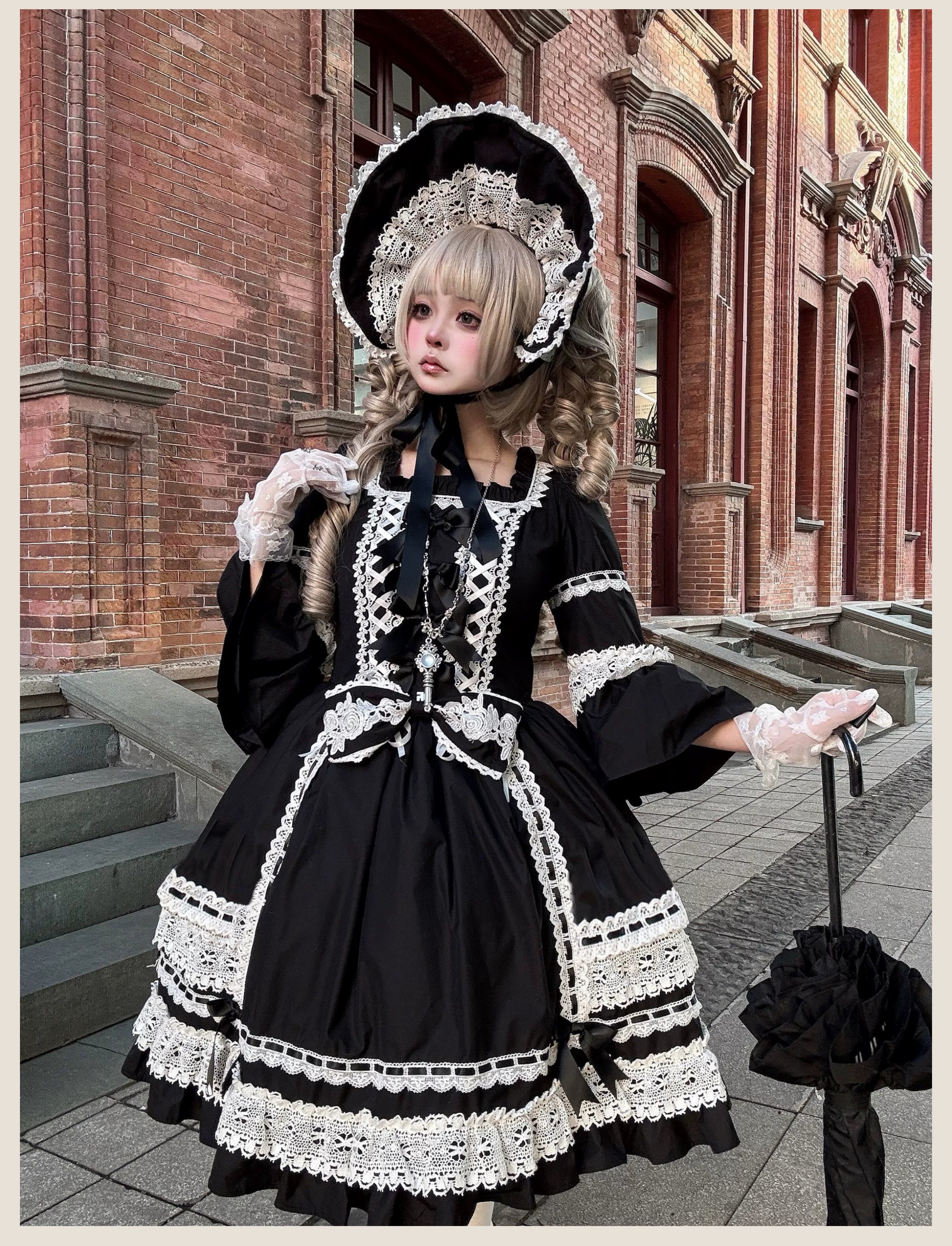 First Otome Black Old School Lolita OP Dress, Lace Details - image 9