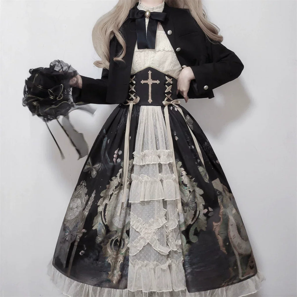 Clock Butterfly - Gothic Lolita Printed Blouse and Corset Skirt Set - image 19