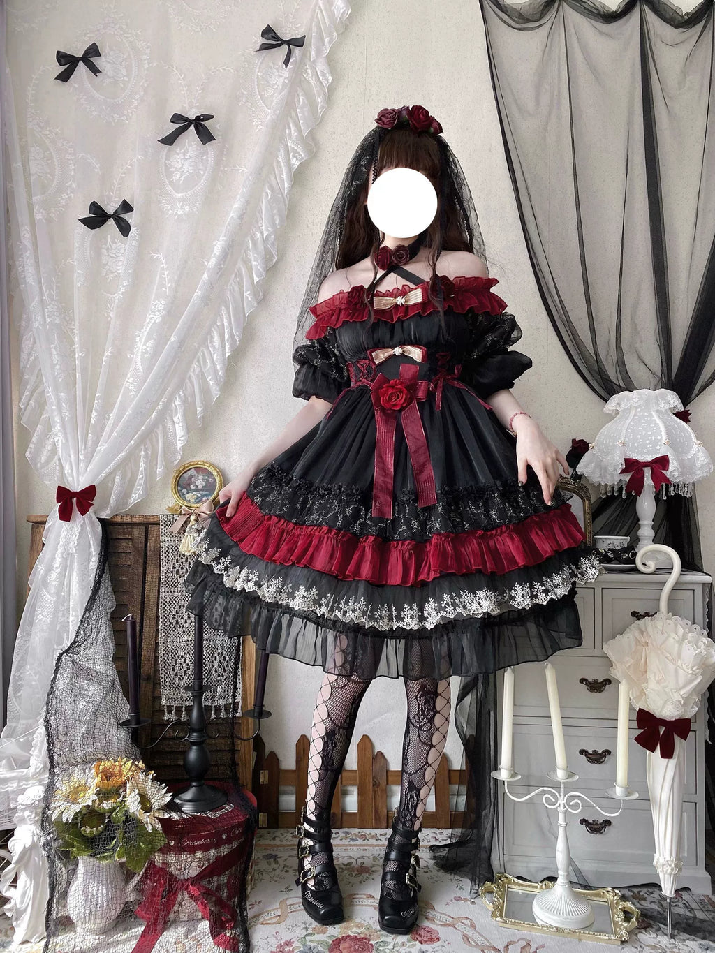 Night of Berea Gothic Lolita OP Dress in Black and Red - image 14