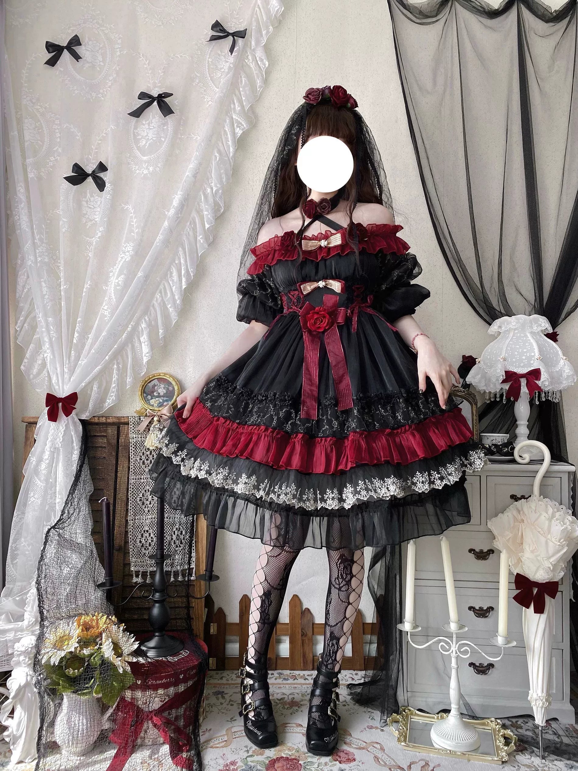 Night of Berea Gothic Lolita OP Dress in Black and Red - image 14