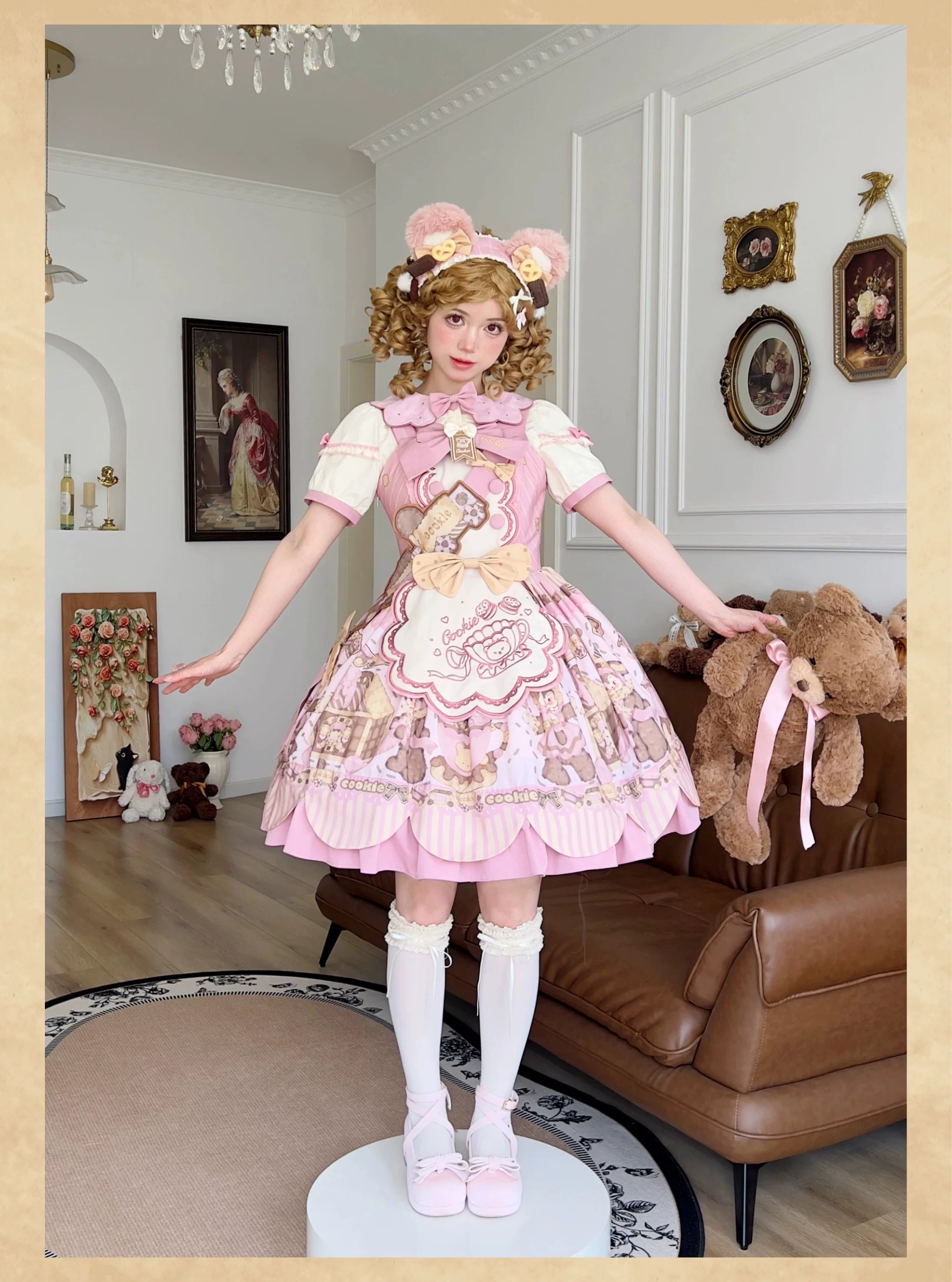 Bear Biscuit SP - Kawaii Lolita Bear Printed Dress Set with Bows - image 46