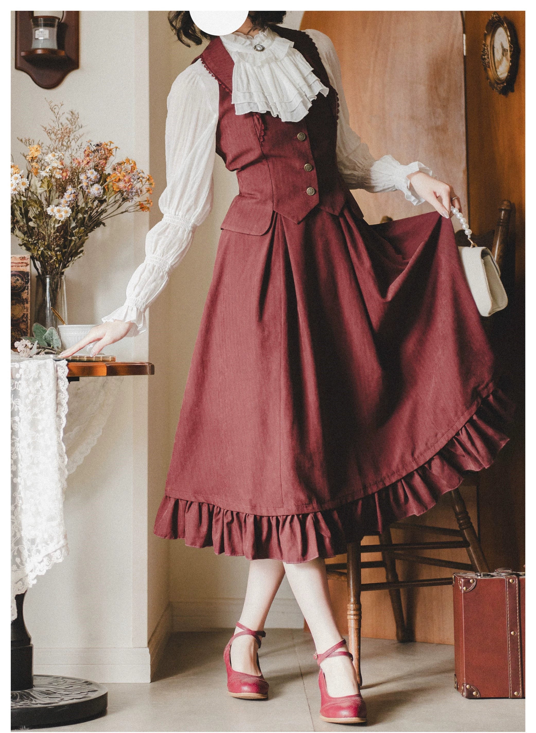Classic Lolita A-Line Skirt, Button-Front Vest and White Blouse - image 20