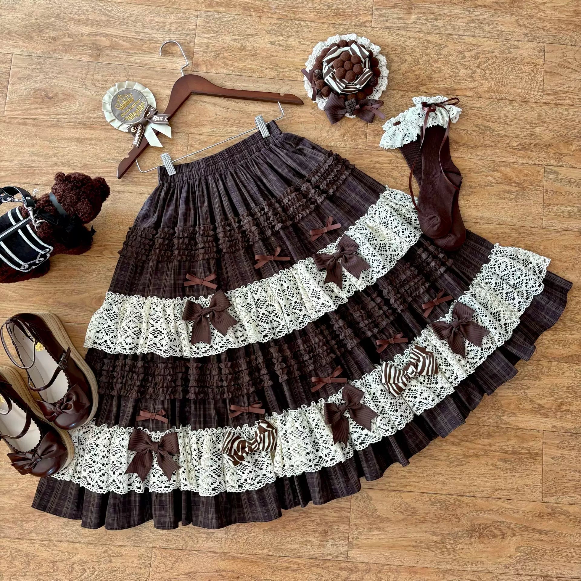 Coco Grace - Plaid Kawaii Lolita JSK Dress, Layered Ruffle & Bow and Accessories - image 18