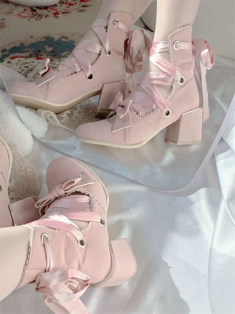 Muse Kiss - Elegant Lolita Shoes Lace-up Bow Heels Round Toe - image 28