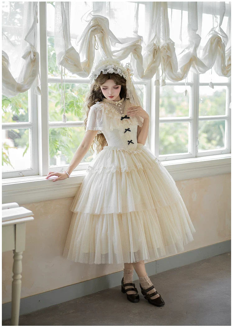White Mist Promise - Classic Lolita Corset OP Set, Edwardian Collar & Tiered Hem - image 28