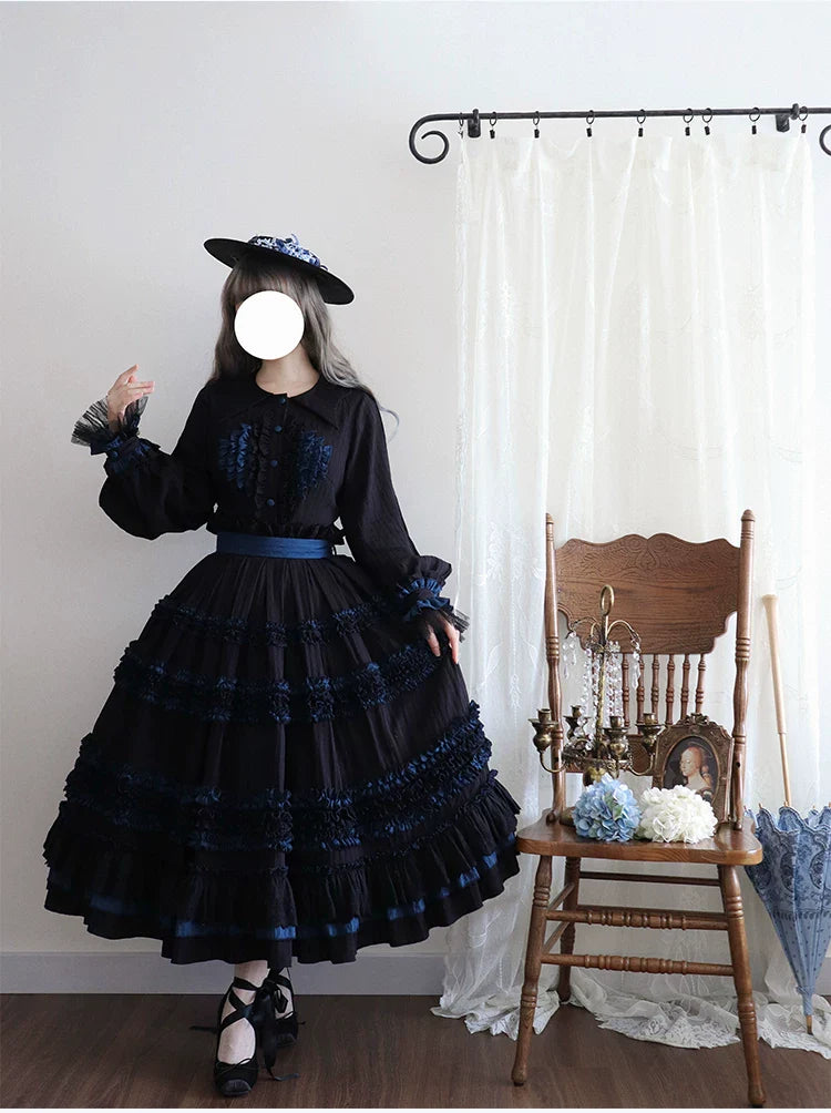 Wings and Bouquet - Dark Classic Lolita Blouse and SK Set, Layered Blue Ruffles - image 14