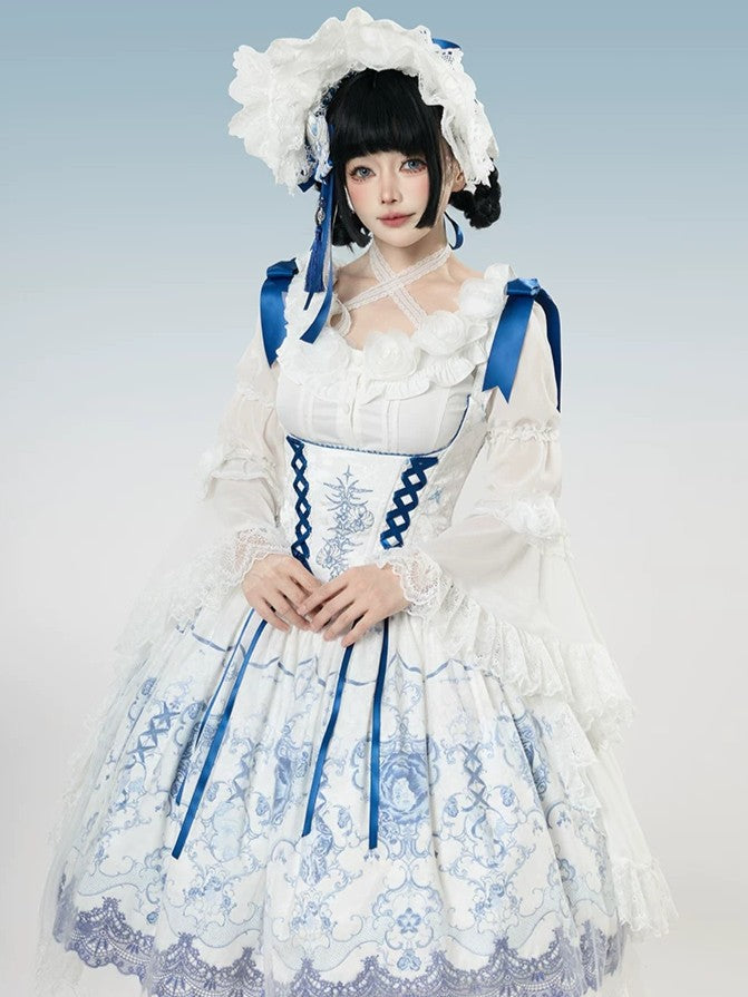 Ling Long Ci Blue Porcelain Butterfly Orchid Print Gothic Lolita Bustier JSK - image 20