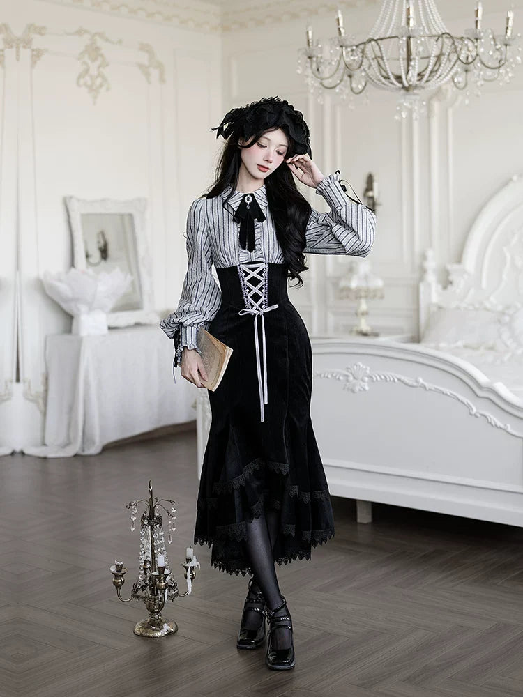 Dusk Moment - Classic Lolita Striped OP & Mermaid Dress Set, Fishbone Waist - image 19