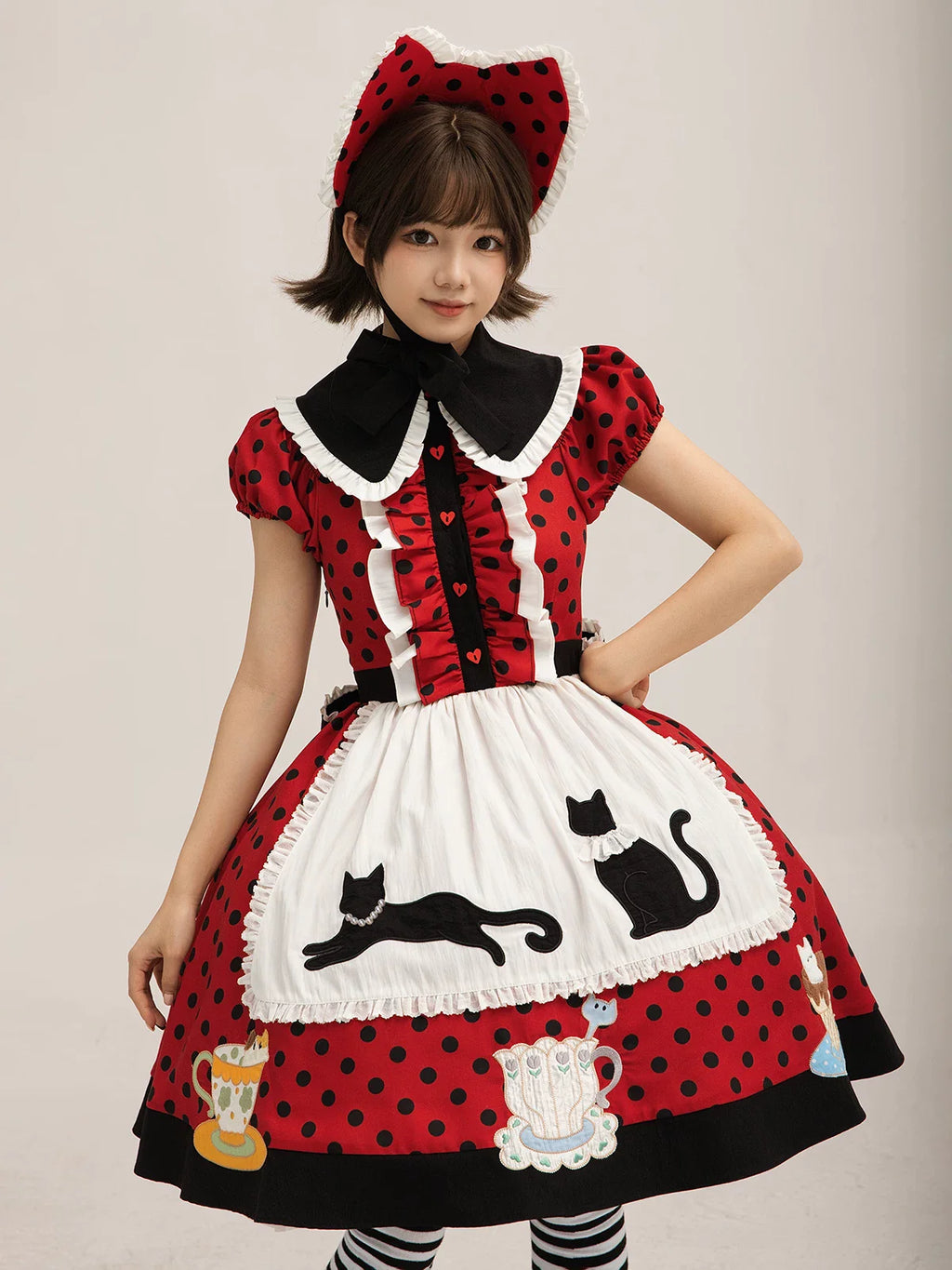 Teacup Meow - Old School Lolita Polka Dot OP Dress, Cat and Teacup Patch - image 8