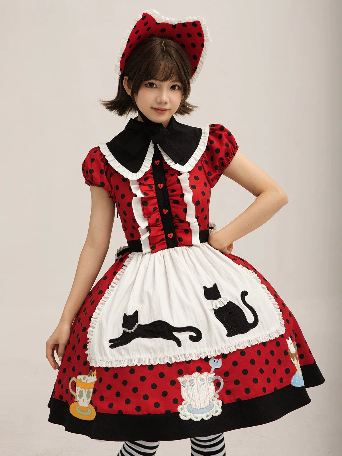 Teacup Meow - Old School Lolita Polka Dot OP Dress, Cat and Teacup Patch - image 8