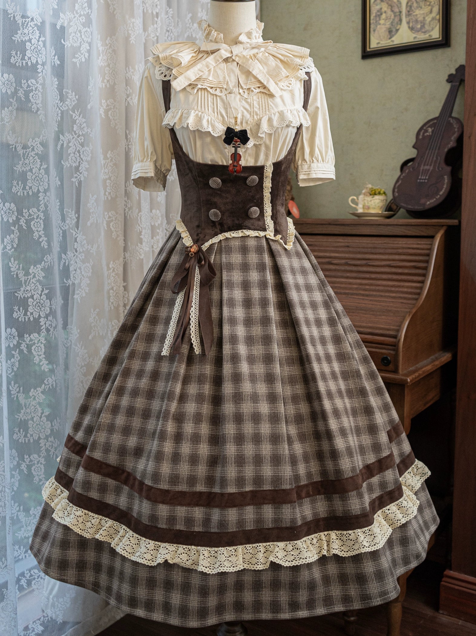 Chestnut Autumn - Plaid Classic Lolita JSK, Bust Supporting and Accessories - image 11