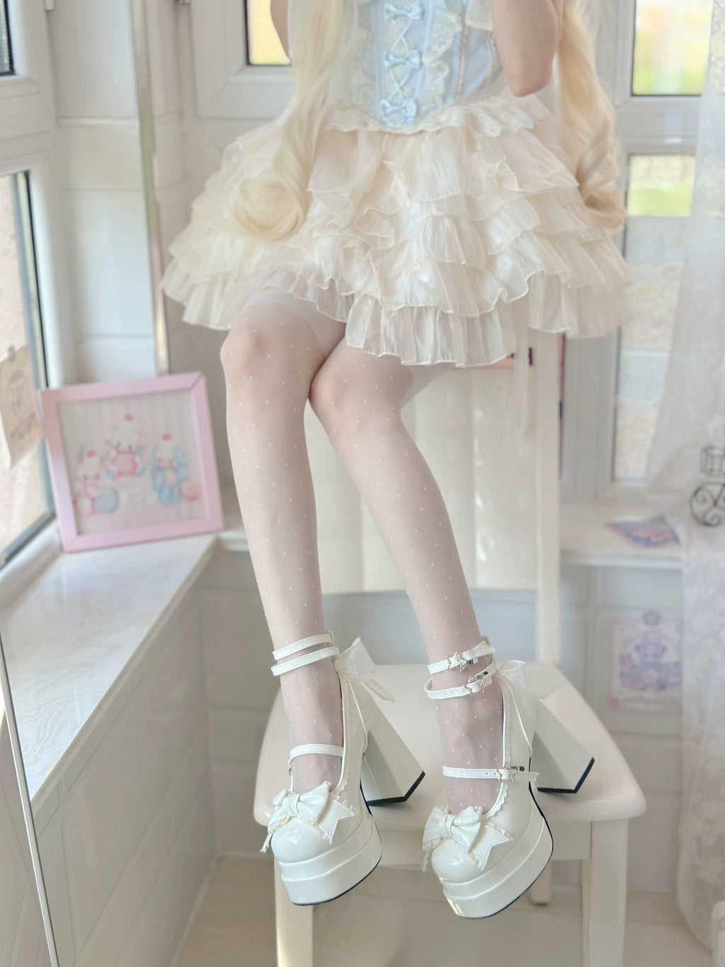 Puff Party - Elegant Lolita Chunky Heel Shoes with Bows and Straps - image 13