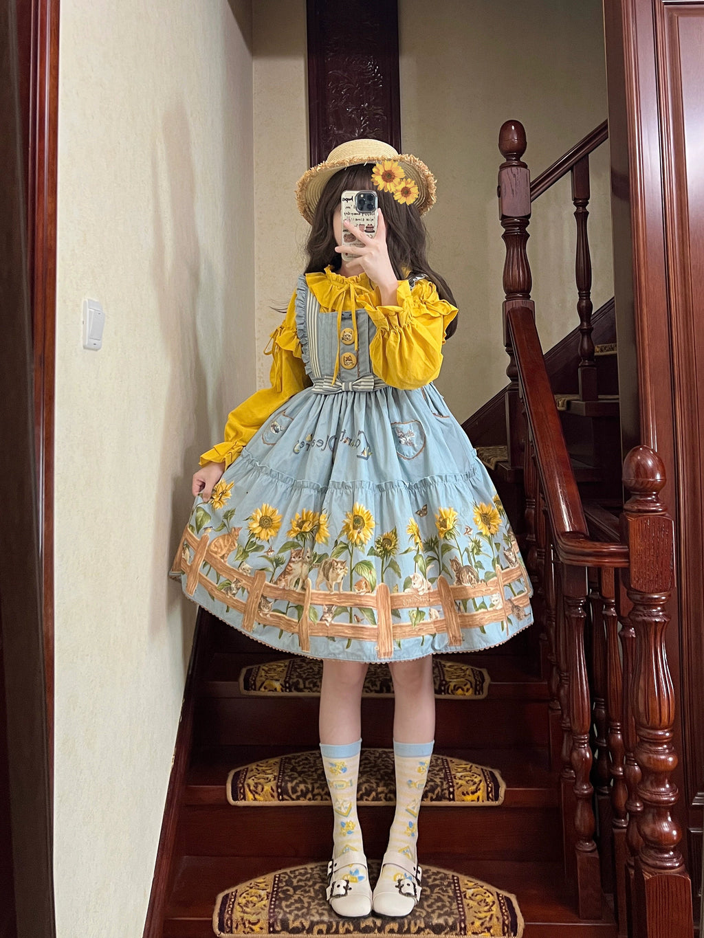Cat and Sunflower - Sweet Lolita JSK, Cat and Sunflower Print - image 4