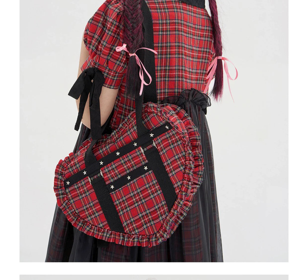 Vintage Lolita Heart Shaped Plaid Dot Print JK Uniform Bag - image 23