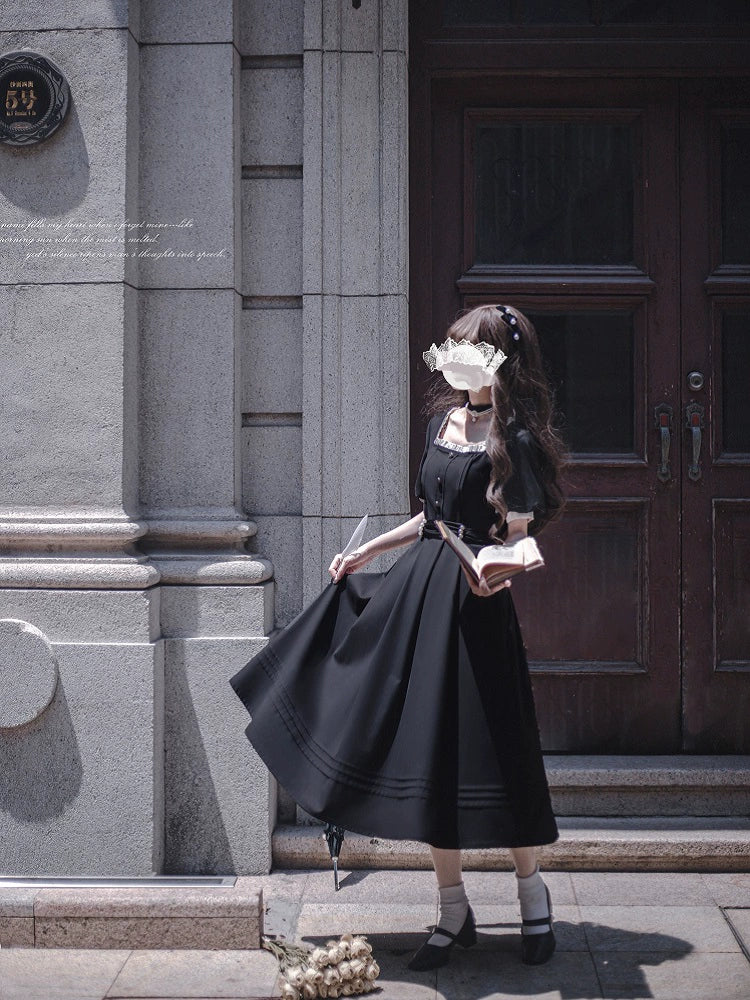 Thoughts - Vintage Black Lolita OP Dress with Square Neckline - image 35