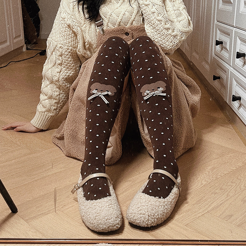 Bear Dots Bow Cotton Lolita Thigh-High Stockings - image 3