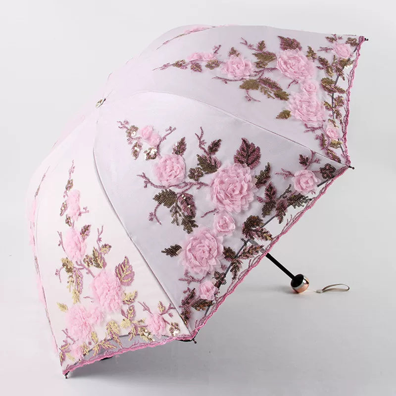 Foldable Lolita Parasol, Floral and Embroidery Detail - image 5