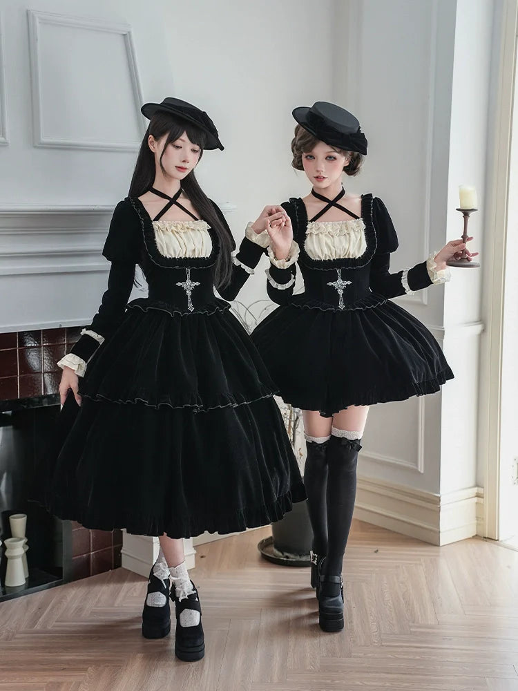 Apocalypse - Gothic Lolita Velvet OP Dress Set, Fishbone Waist - image 1