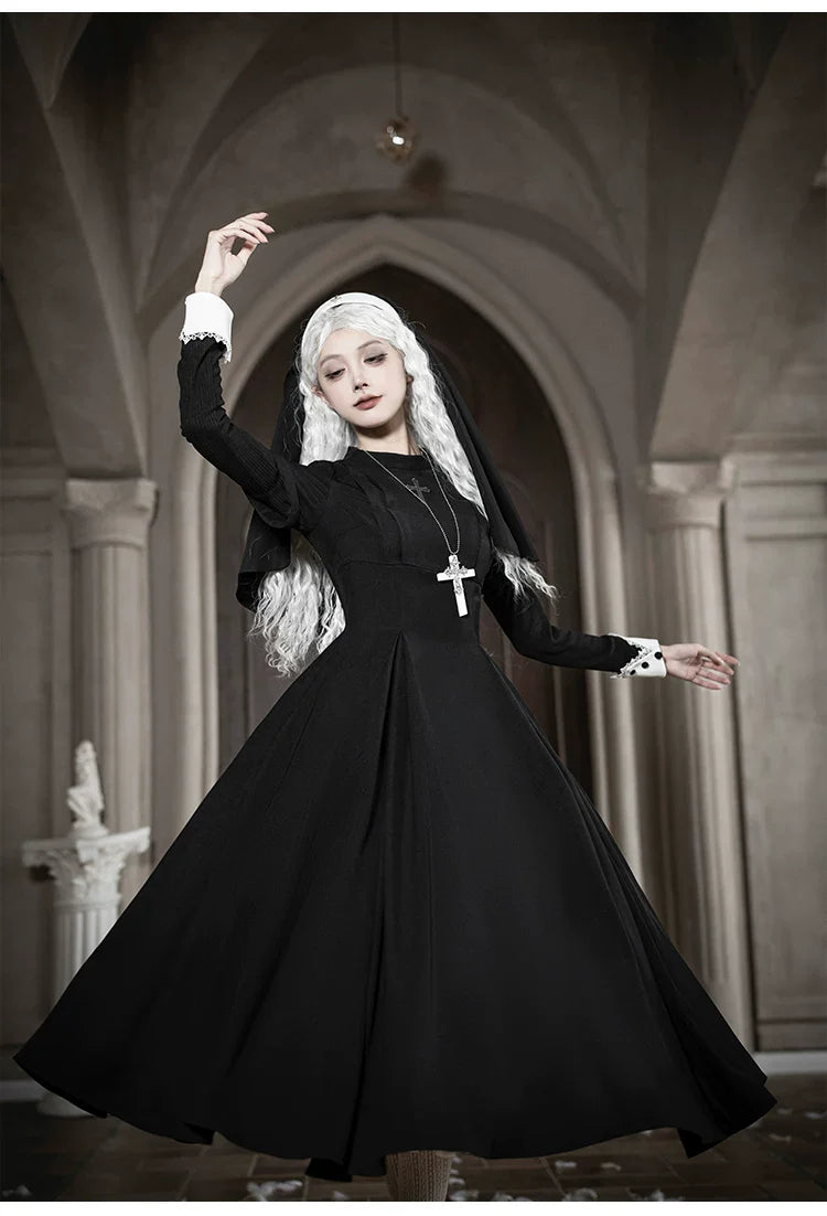 Nihil - Gothic Nun Lolita OP Dress, Irregular Hem Cape and Accessories - image 38