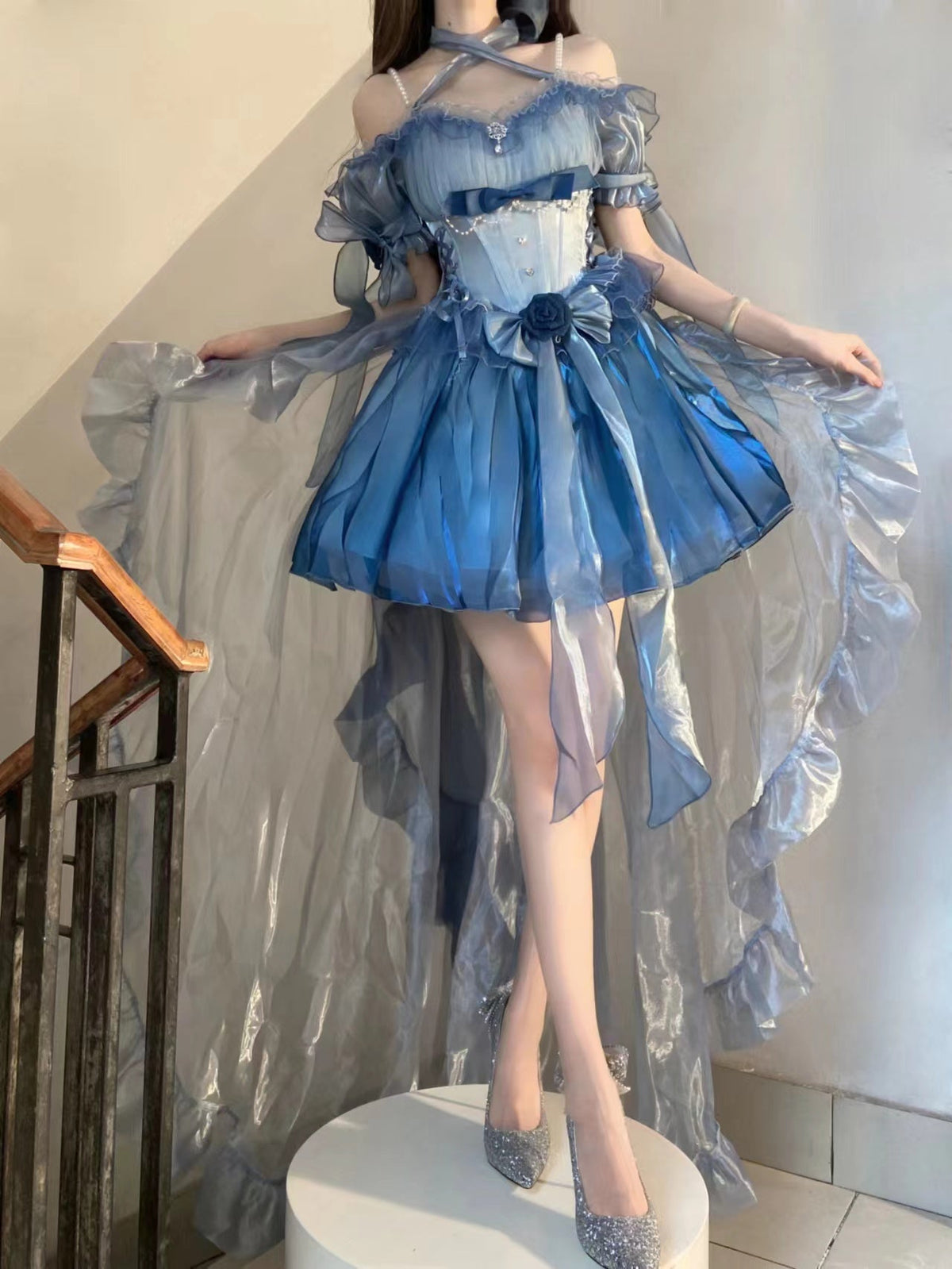 Elegant Gradient Dark Blue Lolita Prom Dress Set - image 2