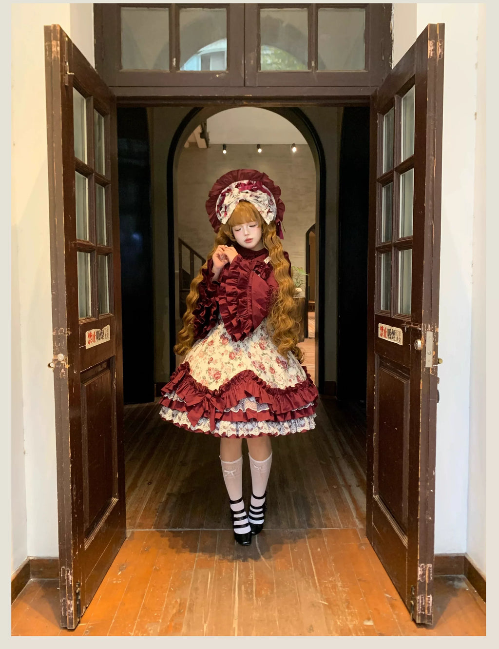 Burgundy Rose - Floral Printed Old School Lolita JSK, Elegant Cape and Accessories - image 13