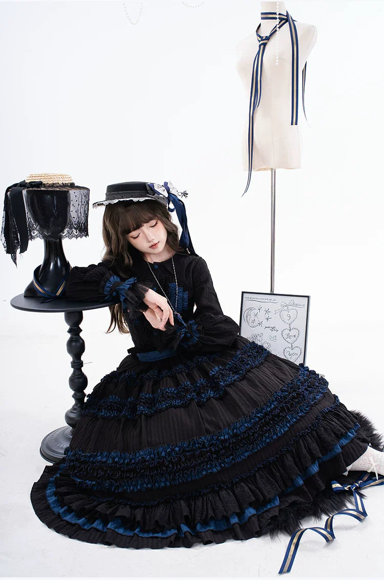 Wings and Bouquet - Dark Classic Lolita Blouse and SK Set, Layered Blue Ruffles - image 22