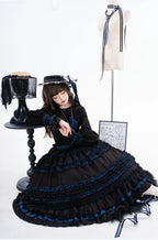 Wings and Bouquet - Dark Classic Lolita Blouse and SK Set, Layered Blue Ruffles - image 22