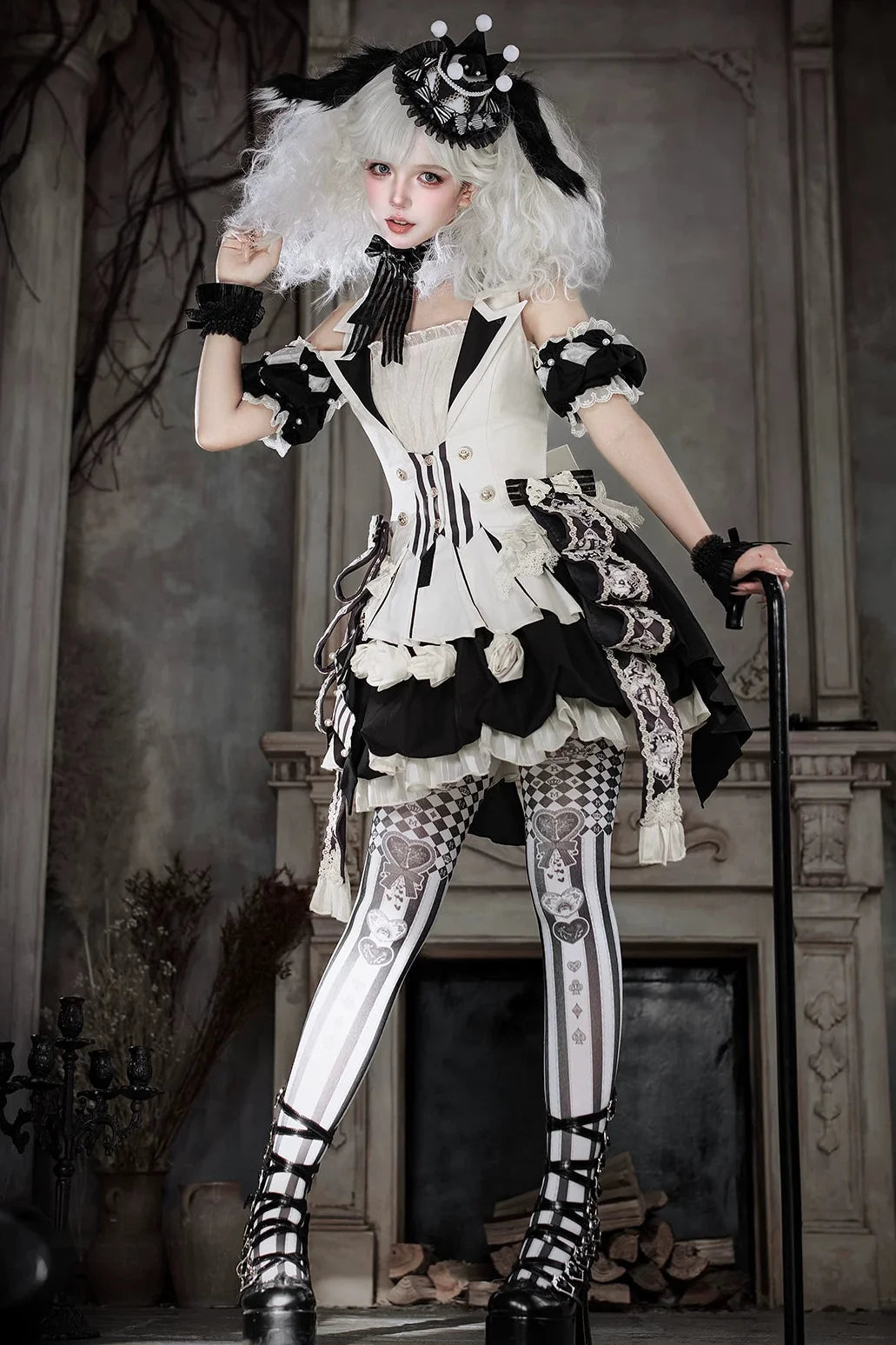 Black Candy Cane Stripe Circus Gothic Lolita Vest Skirt Full Set - image 1