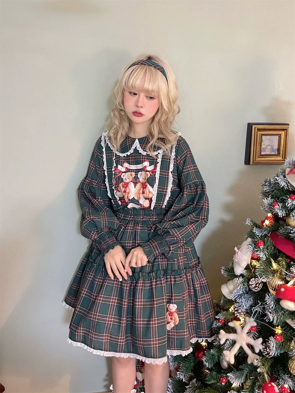 Christmas Vintage Lolita Skirts Doll Collar Blouse Plaid Skirt Set - image 18