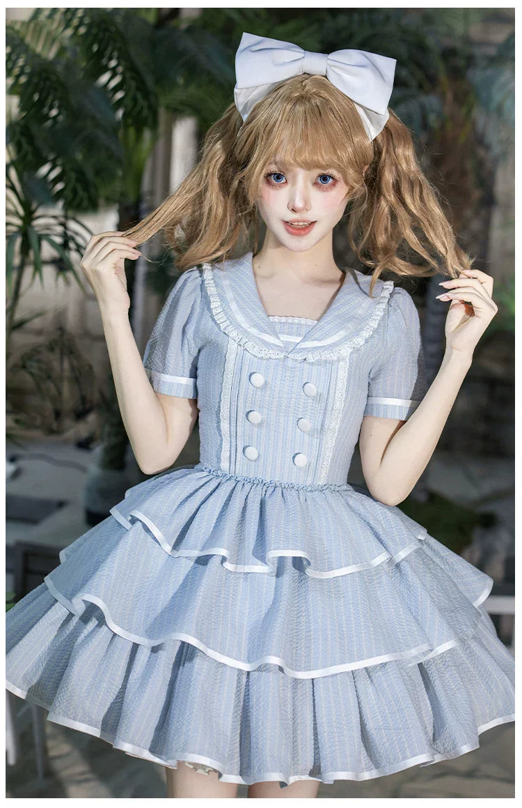 Seven-Day Bell - Blue Classic Lolita Striped OP Dress, Sailor Collar - image 25