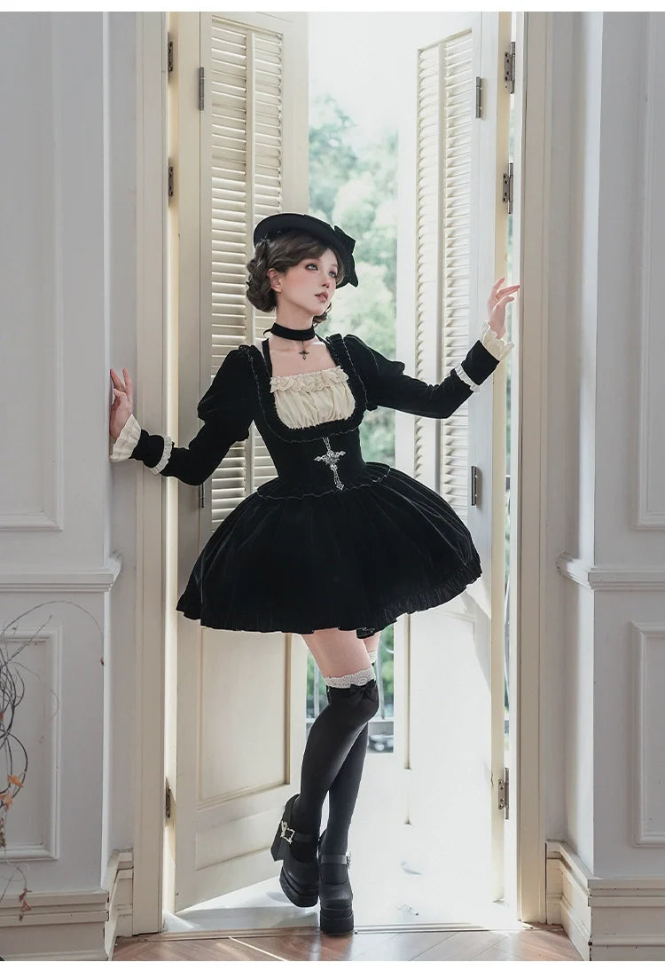 Apocalypse - Gothic Lolita Velvet OP Dress Set, Fishbone Waist - image 16