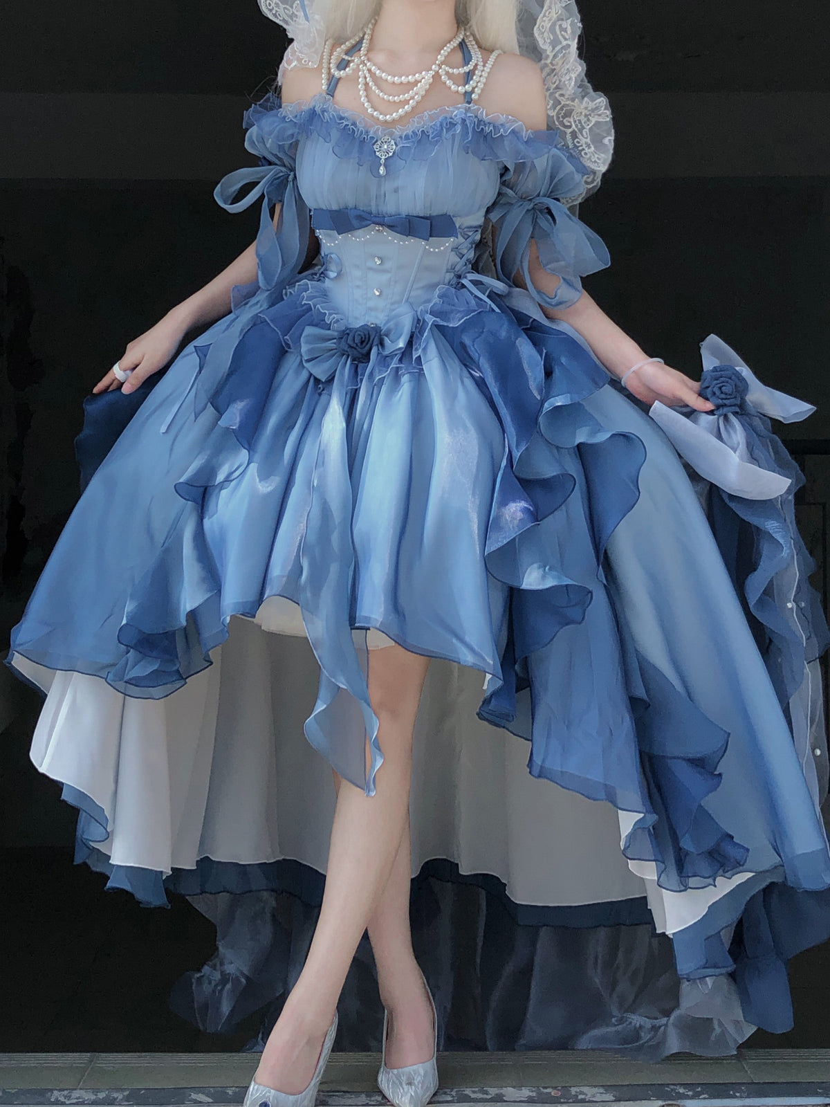 Elegant Gradient Dark Blue Lolita Prom Dress Set - image 7