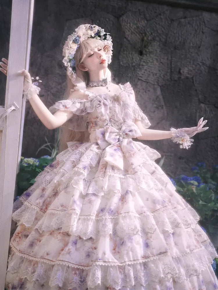 Rose Letter - Gorgeous Lolita JSK Princess Dress Chiffon Floral Printed Blue Dress - image 12